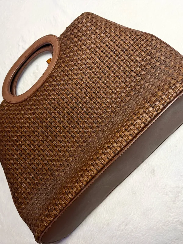Vintage Fossil Brown Woven Tote Bag with Leather Trim & Logo Key Charm - Image 7