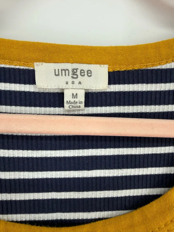 Umgee Striped T-Shirt Dress M Navy Blue White Yellow Mixed Stripe Raglan Mini - Image 3