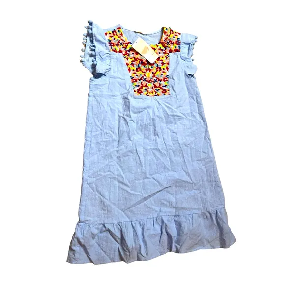 Kirundo Light Blue Embroidered Boho Flutter Sleeve Ruffle Mini Dress S - Image 2