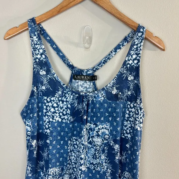Lauren Ralph Lauren Midi Dress Small Blue‎ Floral Side Slits Sleeveless - Image 3