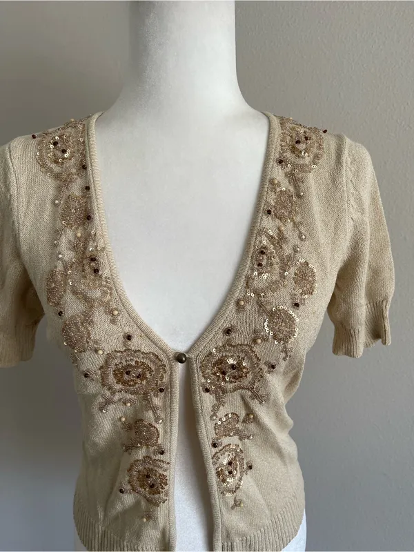 Ann Taylor Cream Knit Short-Sleeve Cardigan - Image 2