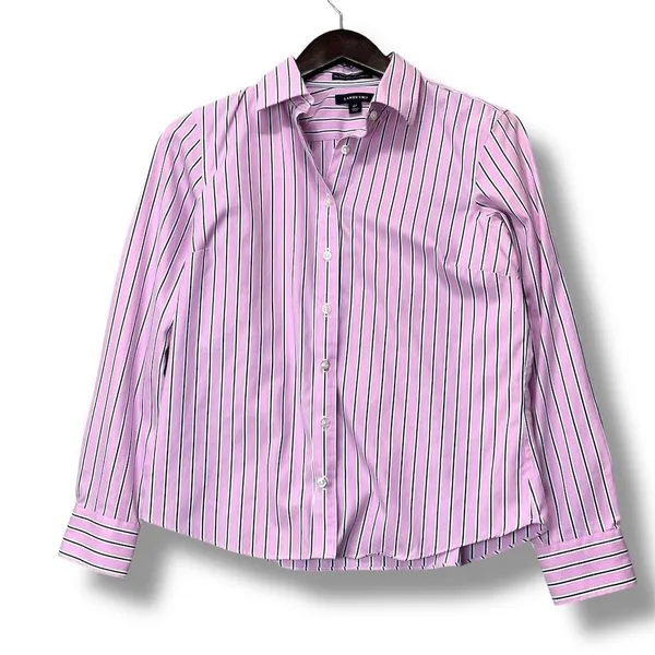 Lands' End Women's M Pink Striped‎ No Iron Button-Up Shirt Officecore Old Money - Image 2