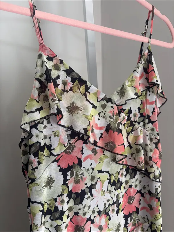 No Comment Floral Asymmetrical Hem Ruffle Mesh Midi w Midi Slip Dress Size L - Image 6