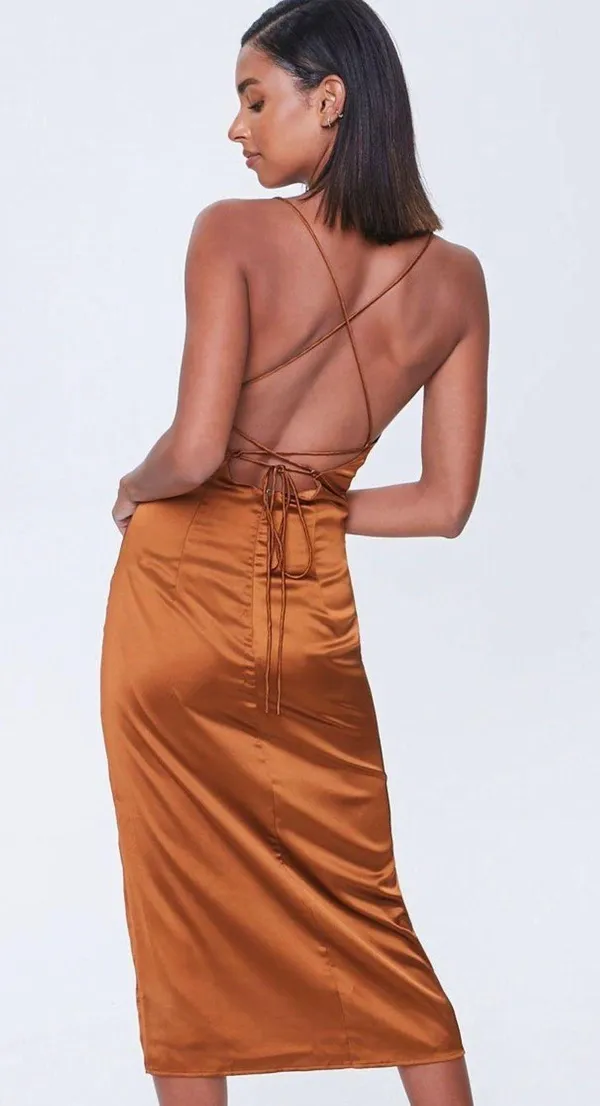 Forever 21 Orange Silk Open Back Dress - Image 2
