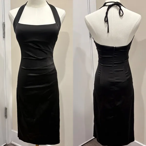 VTG Y2K Cache Black Satin Halter Ruched Bodycon Cocktail Wiggle Dress Pinup Sz 2 - Image 2