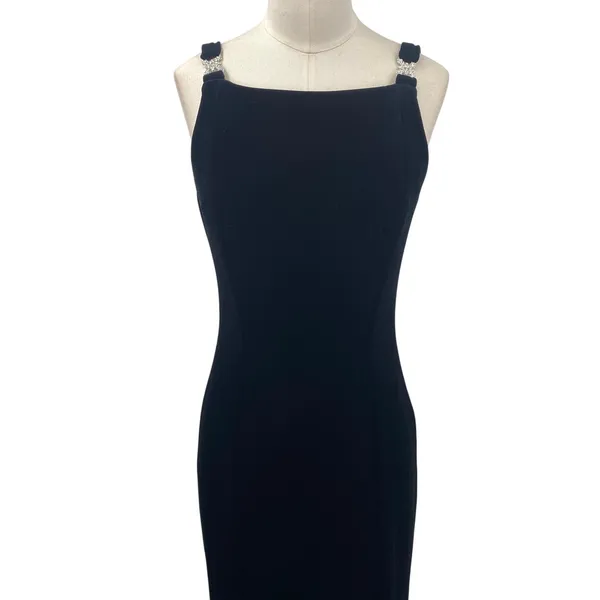 Vintage 90s Betsy & Adam Velvet Column Gown Embellished Maxi Dress Black Small - Image 3