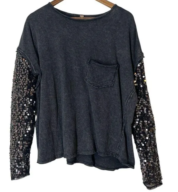 Free People Celine Sequin Sleeve T-Shirt Womens Sz XS Holiday New Years Sheer - Image 3