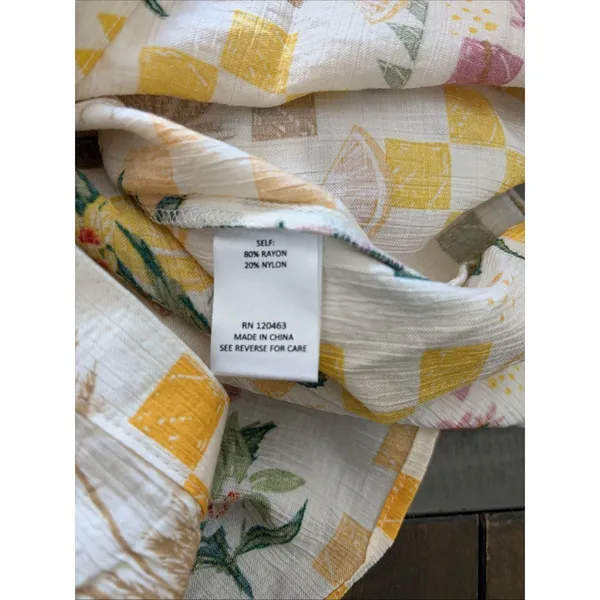 Bunulu Lemon Fruit Print Button Down Shirt Womens Size L Yellow Tropical Rayon - Image 6