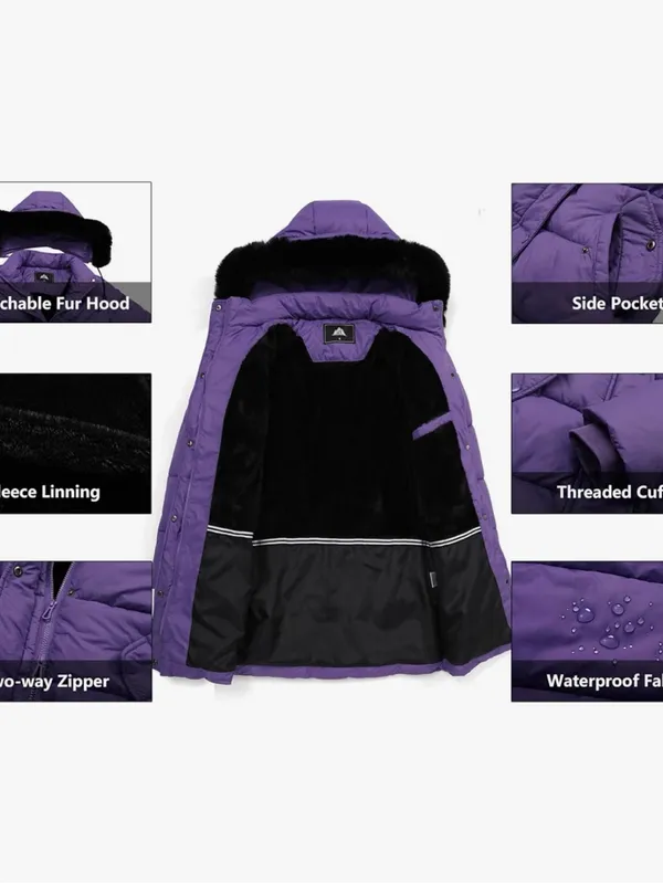 Women's Long Insulated Quilted Winter Puffer Coat Purple Medium Size - Image 6