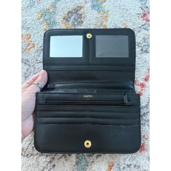 Buxton Black Leather Organizer Clutch Wallet with Mirror and Gold‎ Hardware - Image 4
