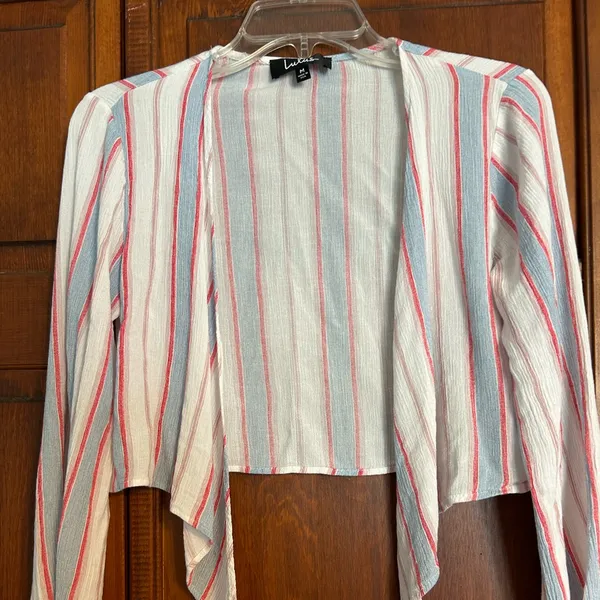 Lulu’s long sleeve, tie front crop top pin, blue, white stripes size m - Image 2