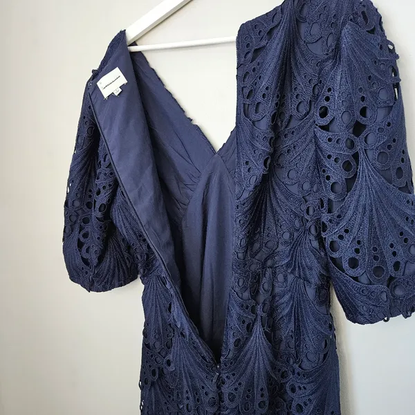 Adelyn Rae Harper Lace Mini Dress Cocktail Scallop Navy Blue Empire-waist V-neck - Image 7
