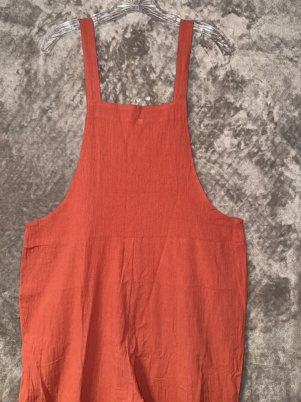 Heyson Yankee Doodle Crinkle Cotton Wide Leg Overalls Jumpsuit in Rust - Image 8