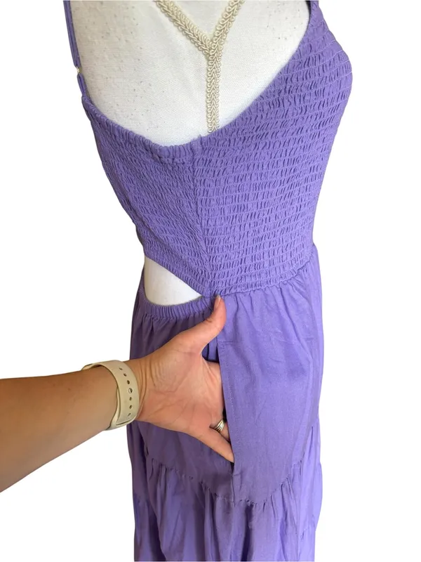 NWT Universal Thread Purple Smocked Tiered Midi Dress Pockets Cutout Back M - Image 3
