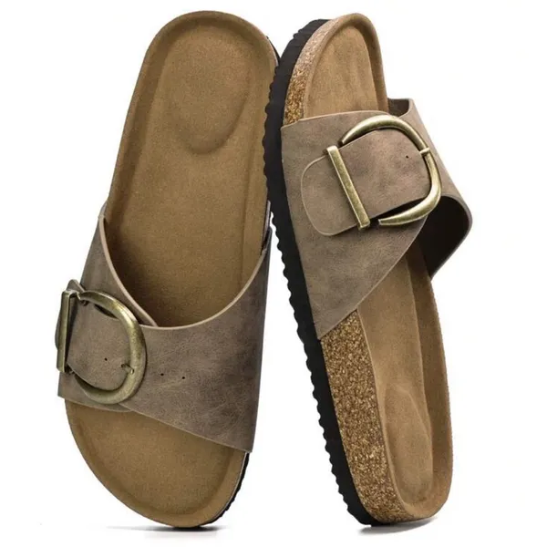 New. Women’s Cork Footbed Slide Sandals with Buckle – Taupe size 10 - Image 3