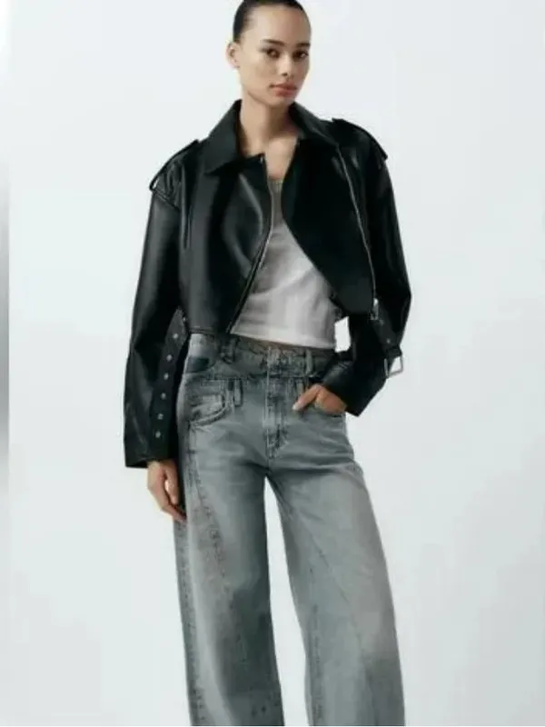 Zara Black Vegan Faux Leather Cropped Biker Moto Jacket Belted - Image 4