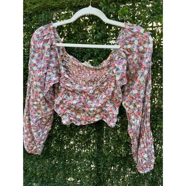 Billabong x The Salty Blonde Floral Crop Top Smocked Long Sleeve Square Neck‎ S - Image 4
