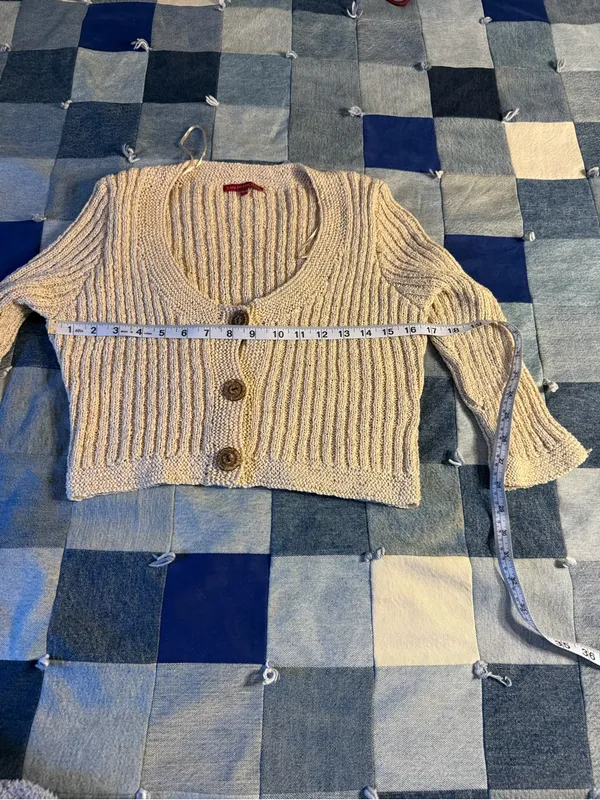 San Francisco Cropped Ribbed Cardigan XL Cream Button Front Flare Sleeve - Image 3