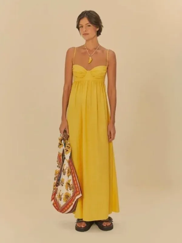 NWOT Farm Rio Linen Blend Yellow Sleeveless Maxi Dress Size XS - Image 2