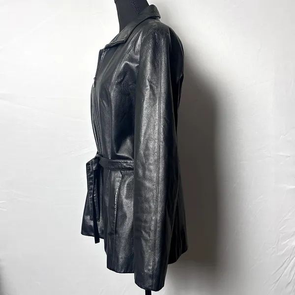Vintage Outbrook Black Leather Jacket Womens Large Belted Zip Coat 90s - Image 2