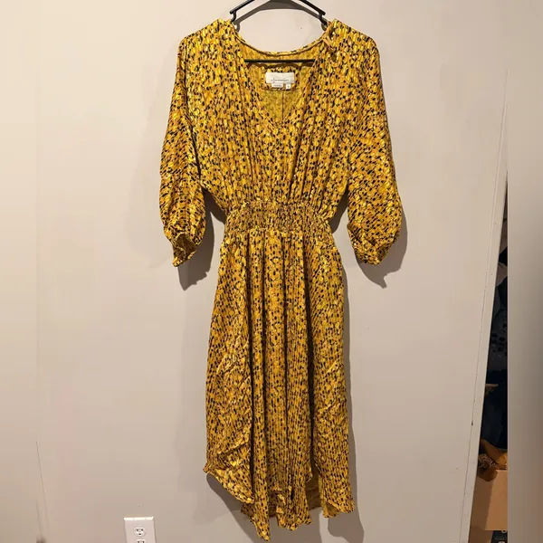 By Anthropologie Metallic Leopard Pleated Midi Dress Smocked Waist Gold XS - Image 2