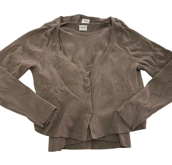 Abercrombie & Fitch Sweater Set Womens Large Brown Ribbed Knit Cardigan Tank - Image 2