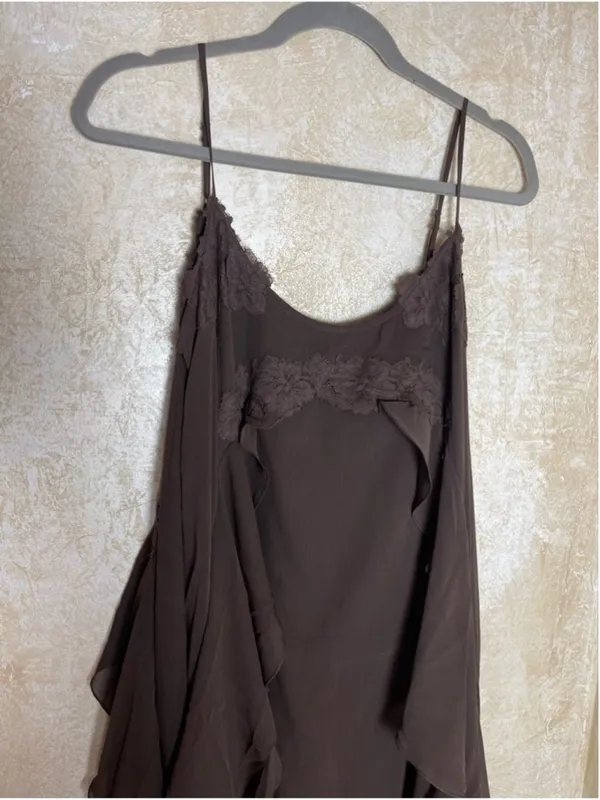 House of Harlow 1960 Chiffon Maxi Cocktail Dress Ruffles Brown Flowy Fairy Sz S - Image 9