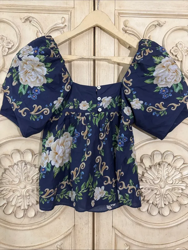 Farm Rio FLOWER TAPESTRY BLUE FLOWERED YOKE BLOUSE Size XSmall - Image 11