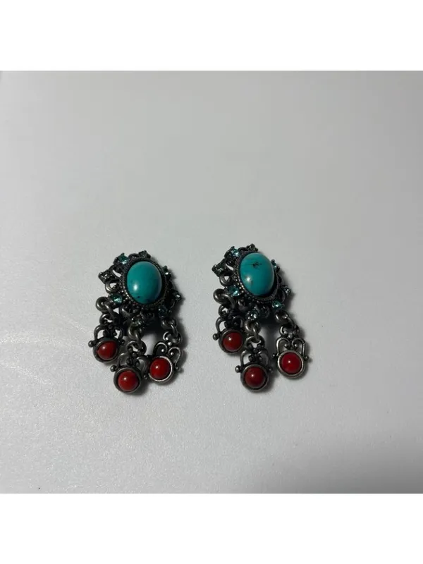 Turquoise & Coral-Red Stone Clip-On Earrings unmarked vintage y2k boho chic - Image 5