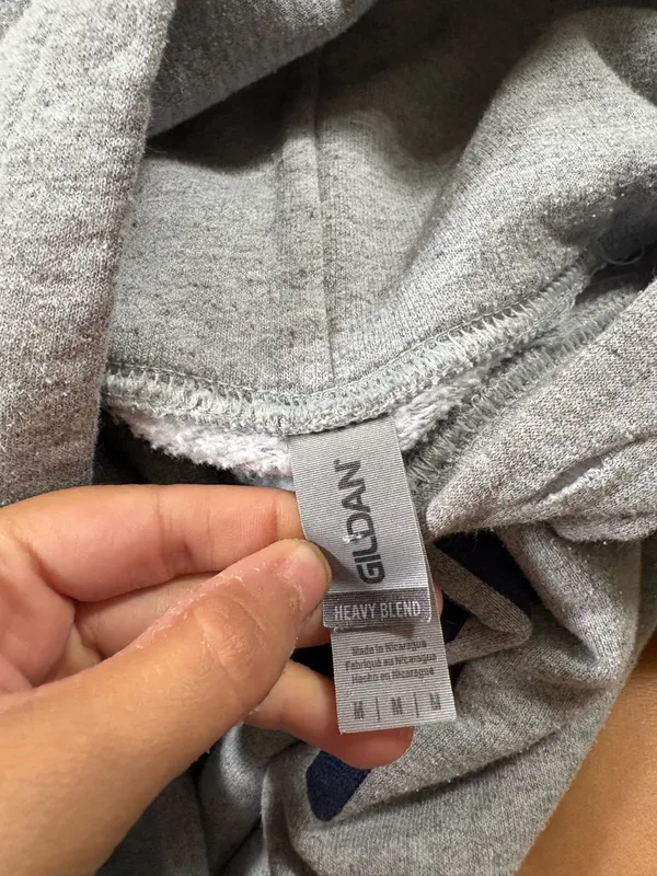 Grey Gildan oversized hoodie with navy Boston lettering - Image 2