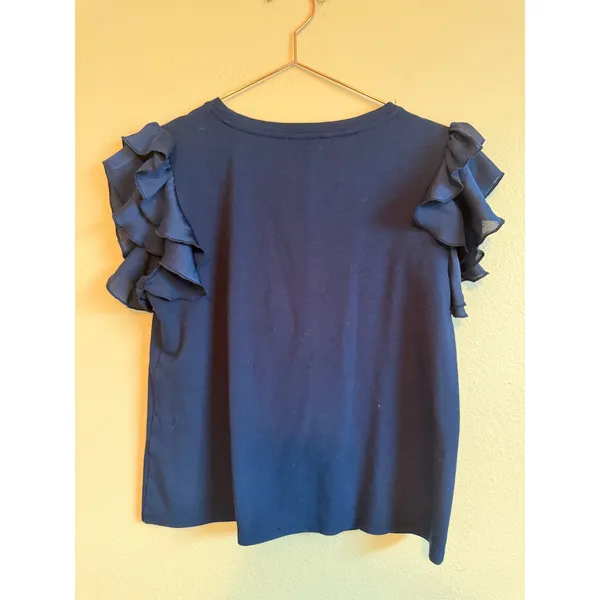 Vince Camuto Knit Top Womens XS Navy‎ Blue Ruffle Sleeve Chiffon Trim Blouse - Image 5