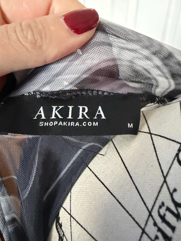 NWOT Akira marble High-Neck Print mesh y2k Bodycon Dress swirl pattern ruched Sz M black/white long sleeve - Image 5