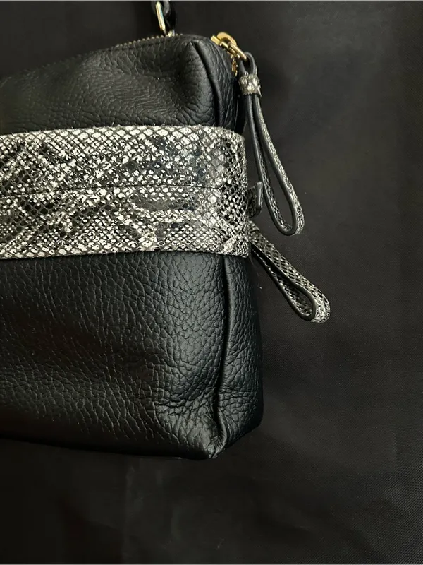 Halston Leather Black Crossbody Bag with Snake-Print Trim - Image 10