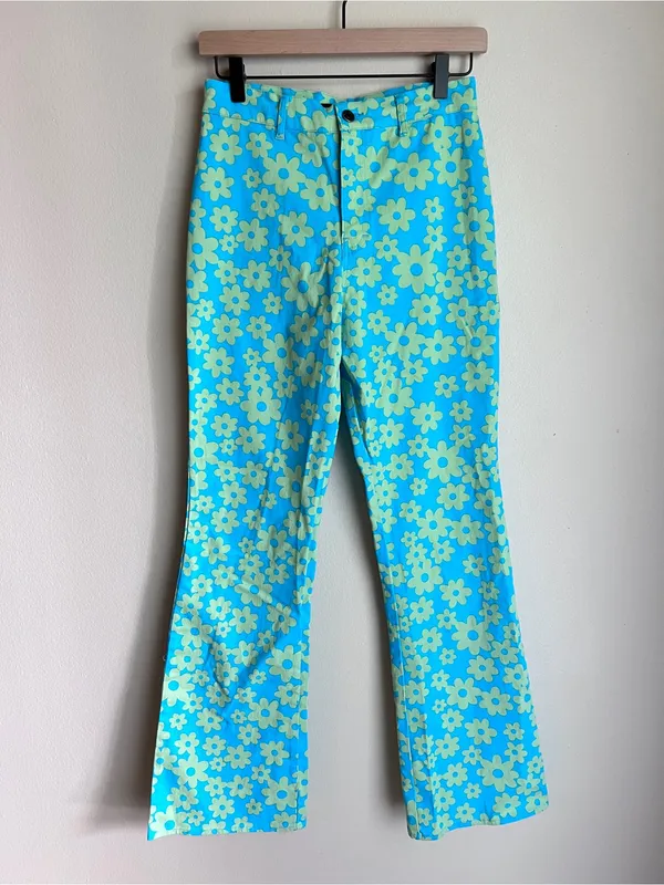 Motel Rocks Zoven‎ Flare Trouser Hight Rise In Retro Daisy Blue Size S - Image 2