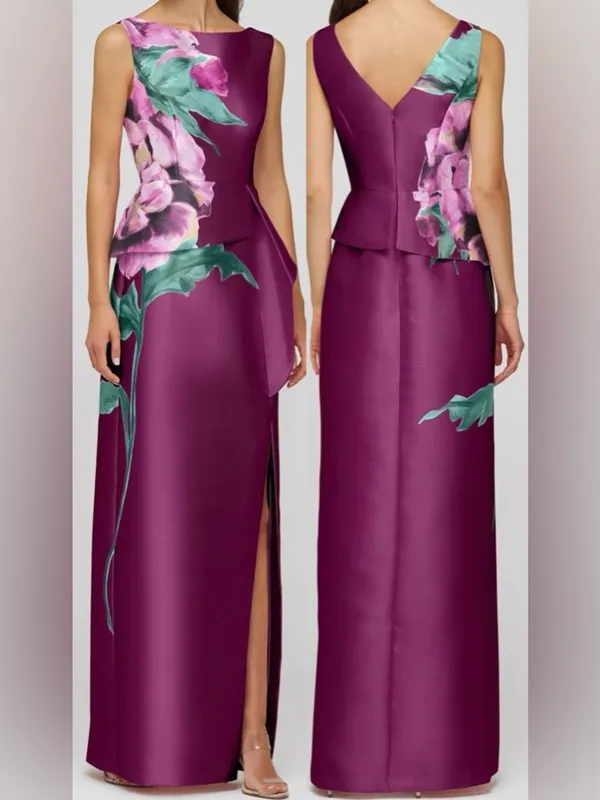NEW NEW, Kay Unger Luciana Placed Floral Column Sleeveless Gown Mulberry Sz 0 - Image 2