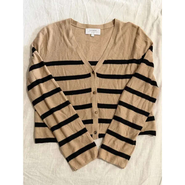 La Ligne Cardigan Women Size S Tan Black Striped Linen Cropped V-Neck - Image 7
