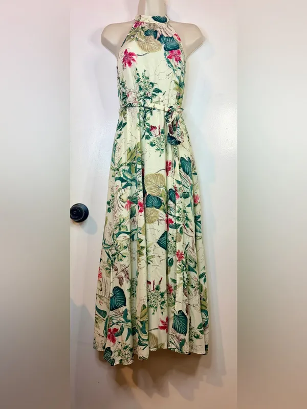 SHEIN XS 2 Tropical Floral Halter Maxi Dress Cream Green Pink Viscose Belted - Image 5