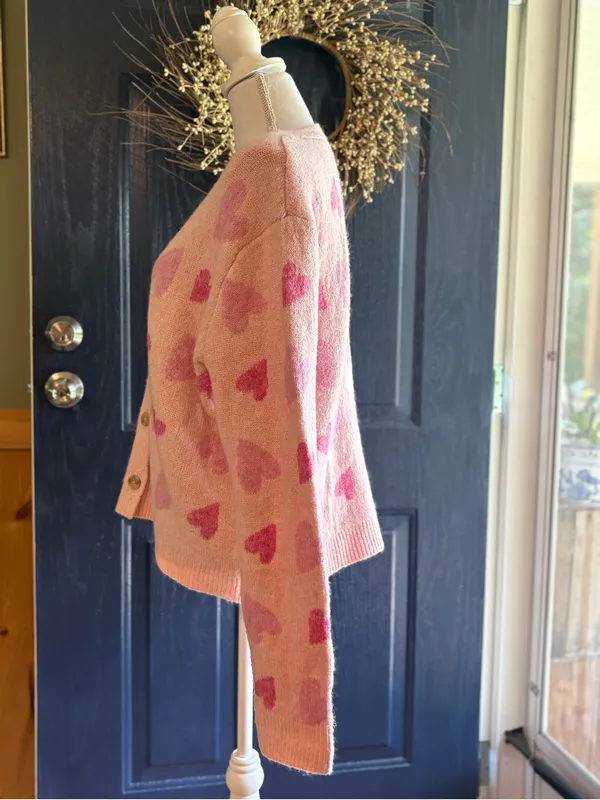 cupcakes & cashmere Pink Heart-Print V-Neck button Cardigan size XL - Image 3