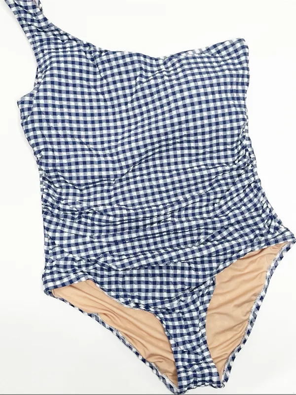 J. Crew New! Sleek Ruched Gingham One-Shoulder One-Piece Swimsuit Size 16 - Image 2