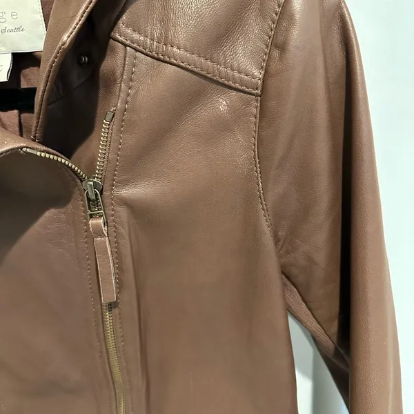 Hinge Hooded Brown Leather Jacket - size small - Image 7