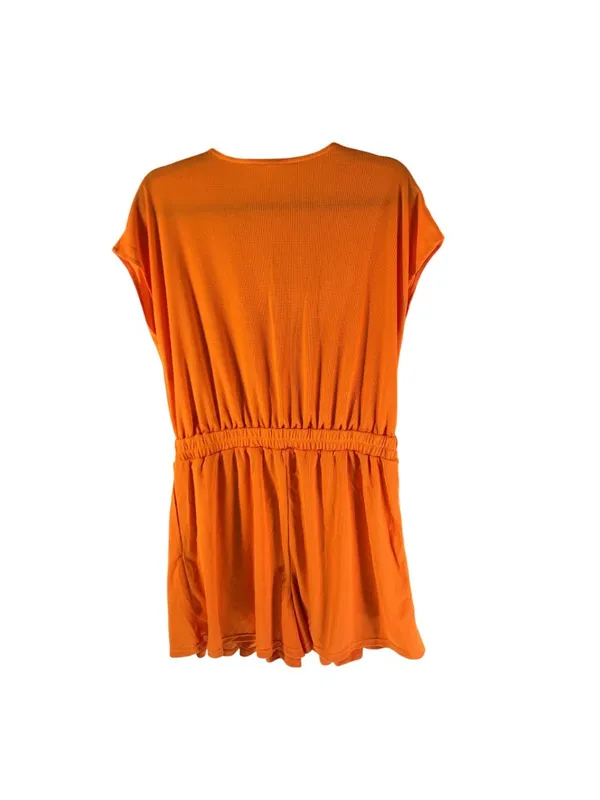 Halara V Neck Short Sleeve Pocket Waffle Casual Romper Orange L - Image 5