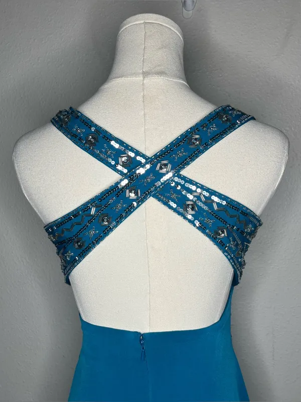 Vintage Blue Beaded Waist Criss Cross Back Mini Cocktail Dress Party Fairycore - Image 7