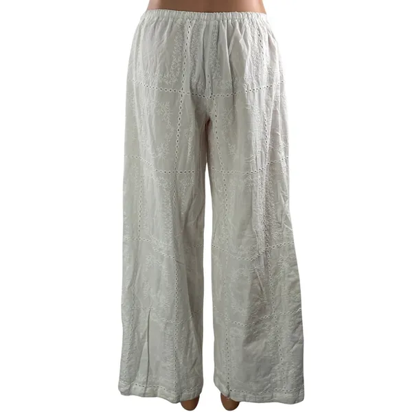 Peppermayo Women's White Drawstring High Rise Embroidered Wide Leg Pants Size 4 - Image 3