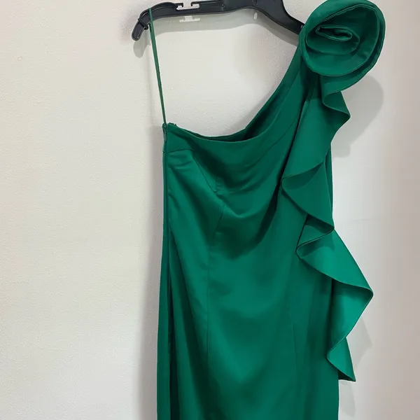 Mango One Shoulder Ruffle Maxi Dress 8 Dark Green Rose Detail Formal Chic‎ - Image 3