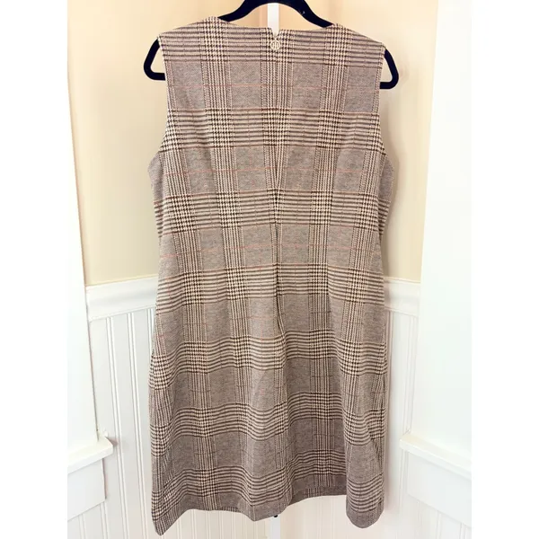 Tommy Hilfiger Glen Plaid Faux Leather Trim Sheath Dress Brown Orange Size 14 - Image 3