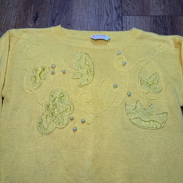 VTG 80s Beldoch Popper Yellow Floral Applique Pearl Knit Sweater Womens M READ - Image 3