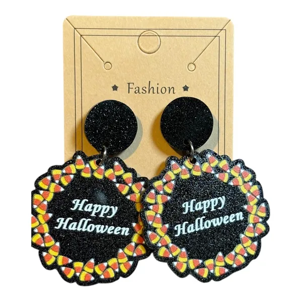 Fashion Happy Halloween Earrings Womens OS Black Candy Corn Glitter Dangle Drop‎ - Image 2