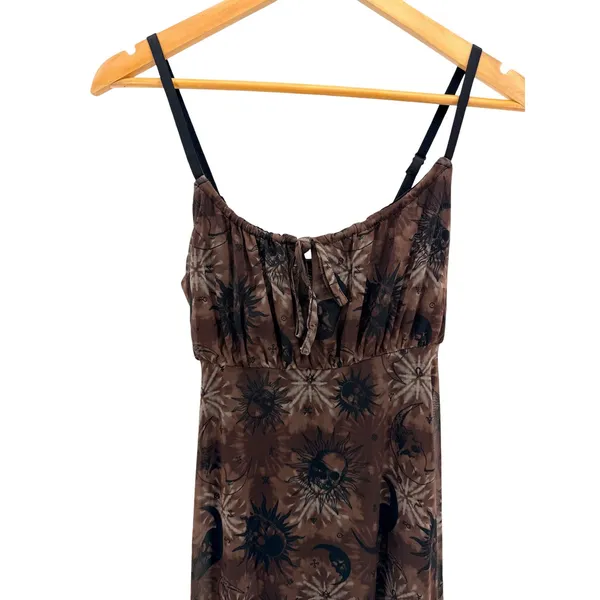 Cosmic Aura Womens XS Brown Celestial Sun Moon Skull Mesh Midi Dress Grunge - Image 2