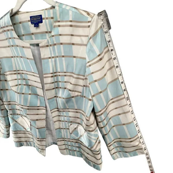Pendleton Silk Blend Blazer Jacket 4 Blue Tan White Plaid Open Preppy‎ Summer - Image 11