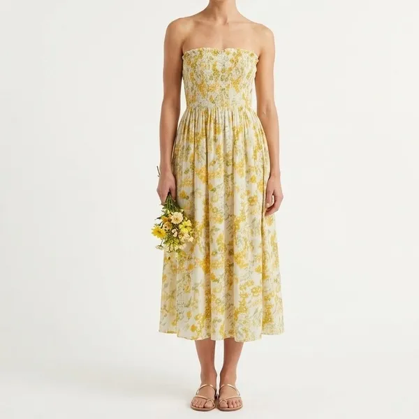 Kimchi Blue Yellow Floral Smocked Strapless Midi Dress Small Cottagecore Prairie - Image 2